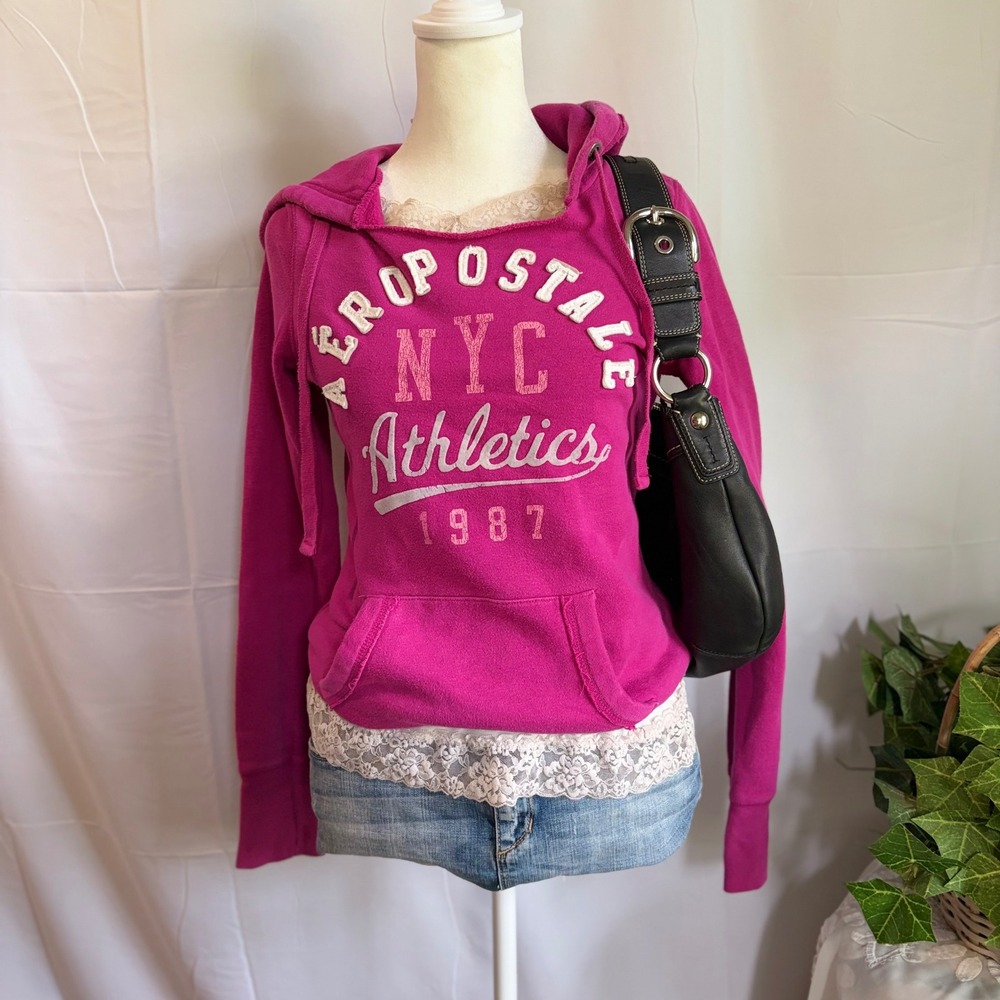 Y2K Preppy Aeropostale NYC Athletics Hoodie Magenta Pink Pullover Sweatshirt